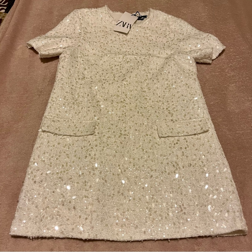 Zara white sequins fringed short sleeve shift mini dress - Picture 6 of 14